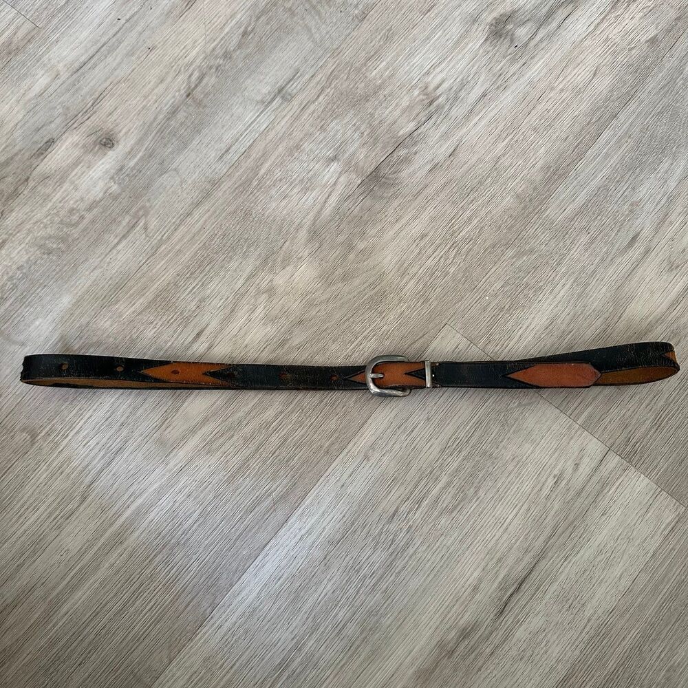 Vintage Slim Leather Belt - Two-toned Stamped Genuine Leather